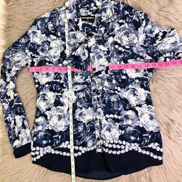 KARL Lagerfeld Tie Neck Floral Chiffon Button Down - Picture 3 of 9
